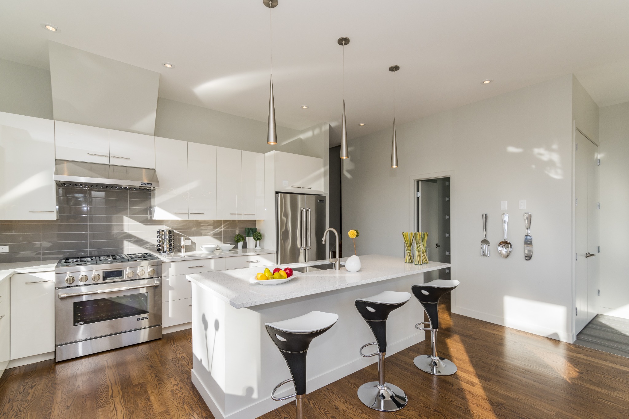 Modern kitchen with island and pendant lighting